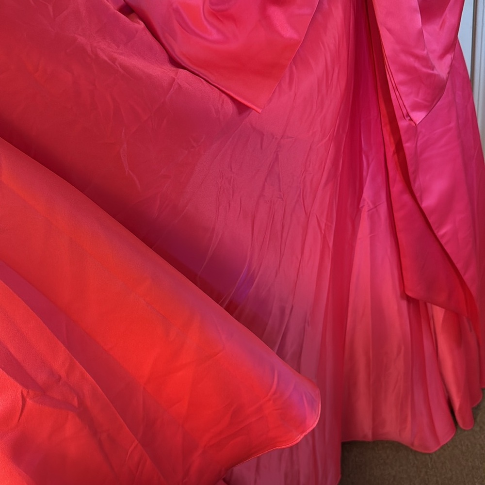 Mac Duggal Hot Pink Satin Plunge-Neck Maxi Gown with Bow - Picture 6 of 12